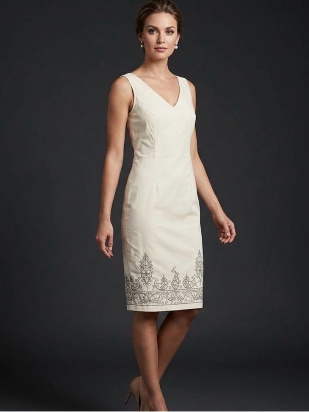 Express Stretch Bodycon Cream w Black Embroidery Sleeveless Midi Dress sz 11/12